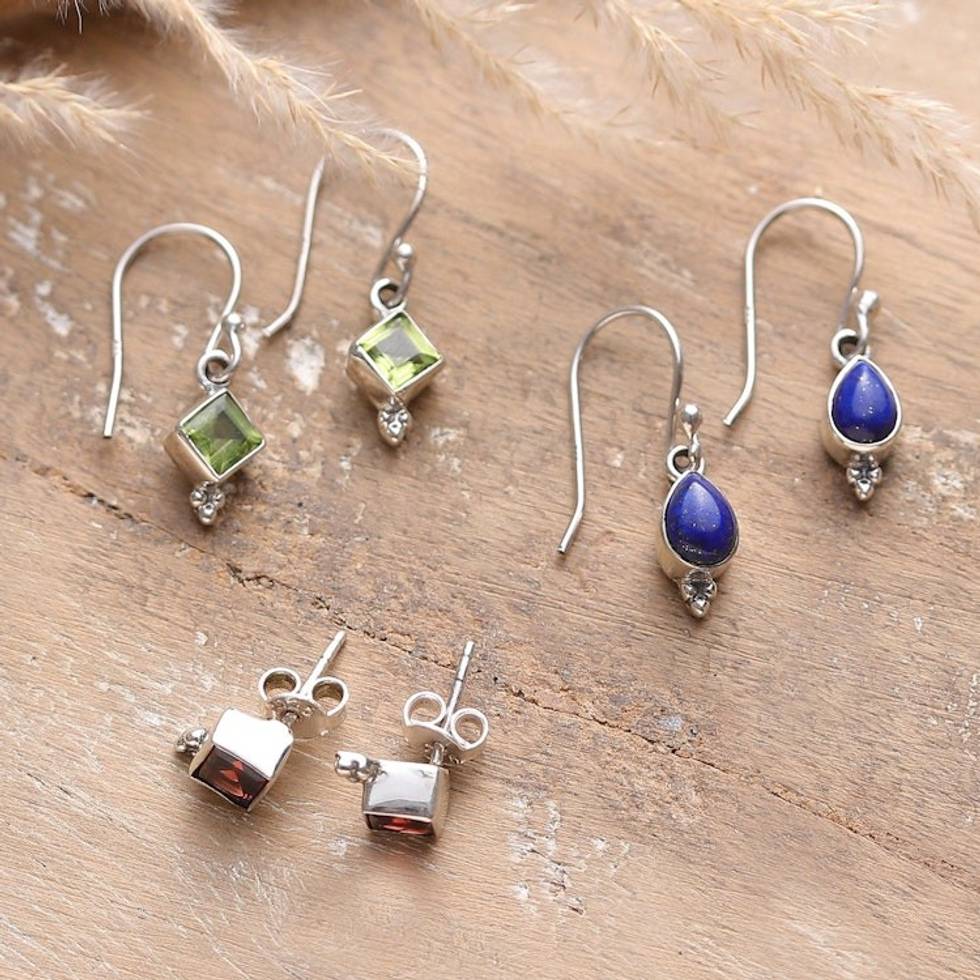 Set of 3 Peridot, Garnet and Lapis Lazuli Earrings 'Charming Three'