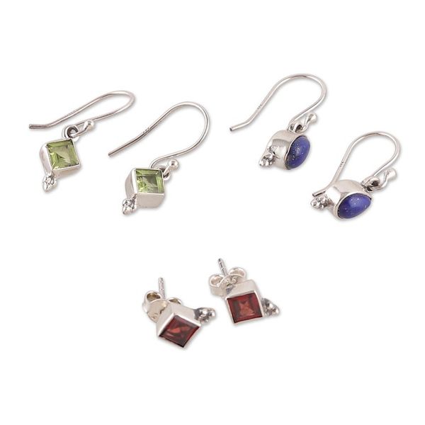 Alternate image for Set of 3 Peridot, Garnet and Lapis Lazuli Earrings Charming Three