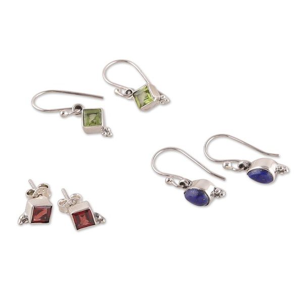 Alternate image for Set of 3 Peridot, Garnet and Lapis Lazuli Earrings Charming Three