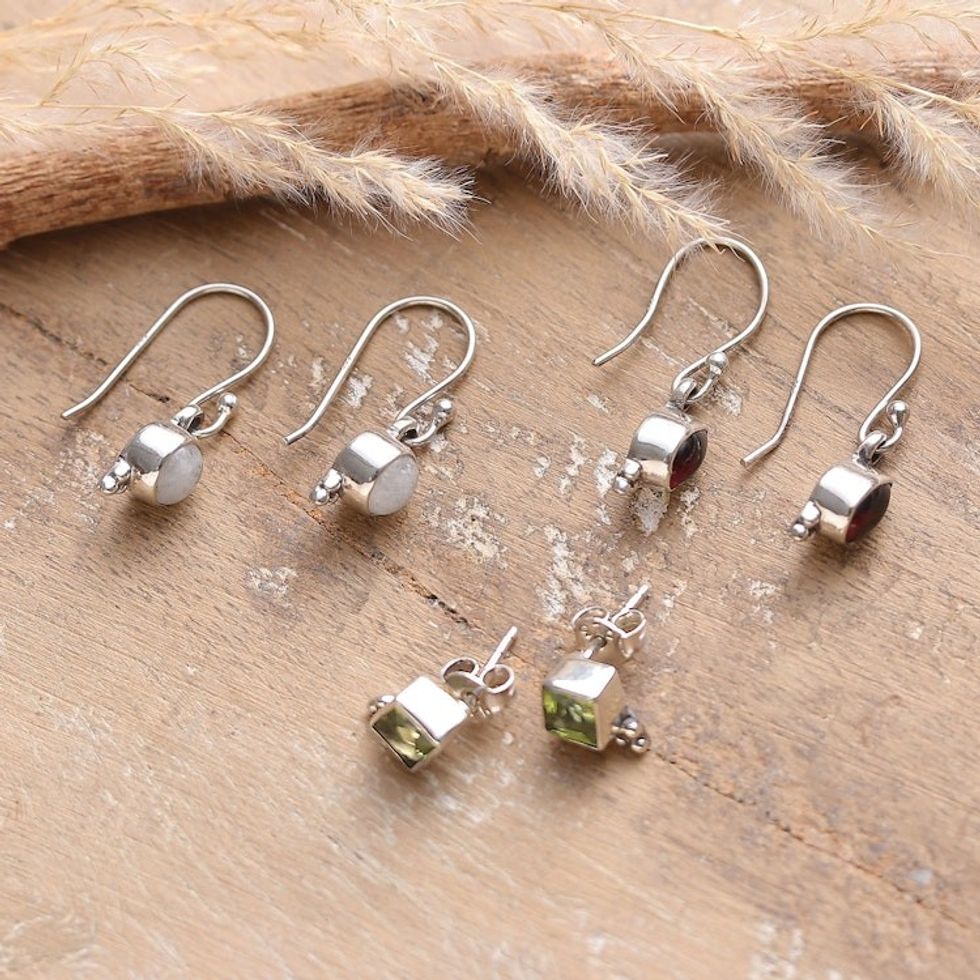 Set of 3 Peridot, Garnet and Rainbow Moonstone Earrings 'Triple Seduction'