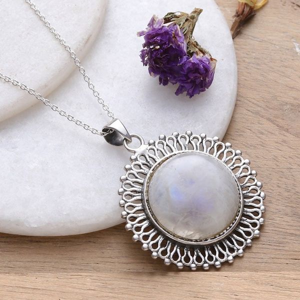Alternate image for Sun-Shaped Natural Rainbow Moonstone Pendant Necklace Misty Light