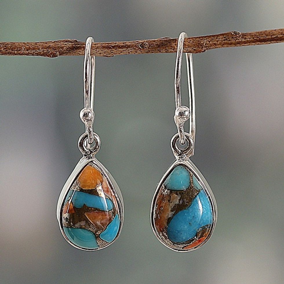 Reconstituted Turquoise Silver Teardrop Dangle Earrings 'Lively Allure'