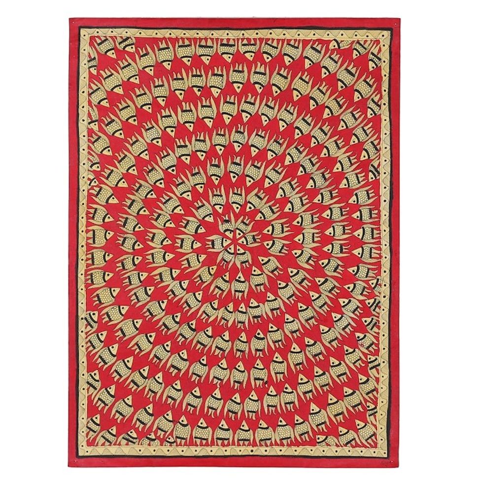 Fish-Themed Natural Dyes on Paper Madhubani Painting in Red 'Fish Family in Red'