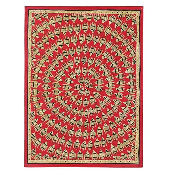 Alternate image for Fish-Themed Natural Dyes on Paper Madhubani Painting in Red Fish Family in Red
