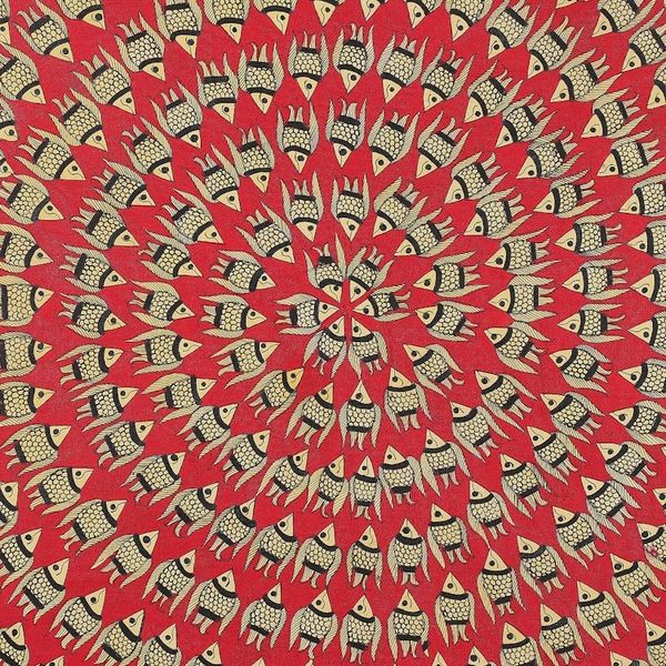 Alternate image for Fish-Themed Natural Dyes on Paper Madhubani Painting in Red Fish Family in Red