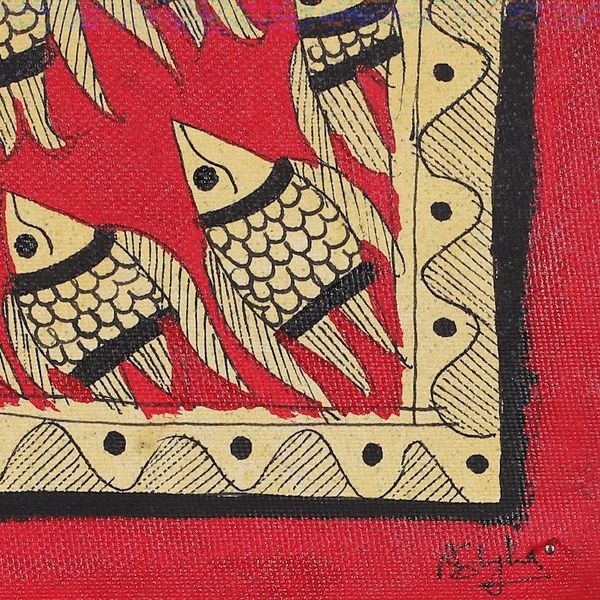 Alternate image for Fish-Themed Natural Dyes on Paper Madhubani Painting in Red Fish Family in Red