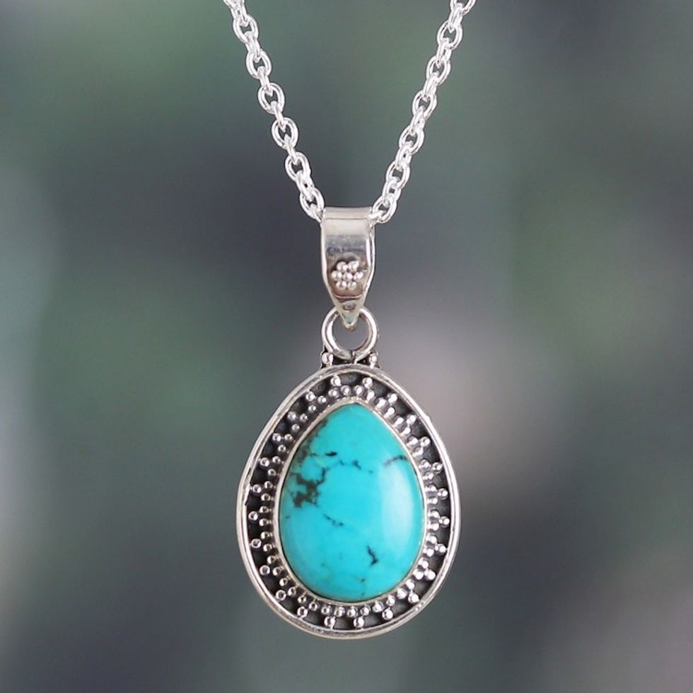Silver Pendant Necklace with Drop Reconstituted Turquoise 'Azure Drop'