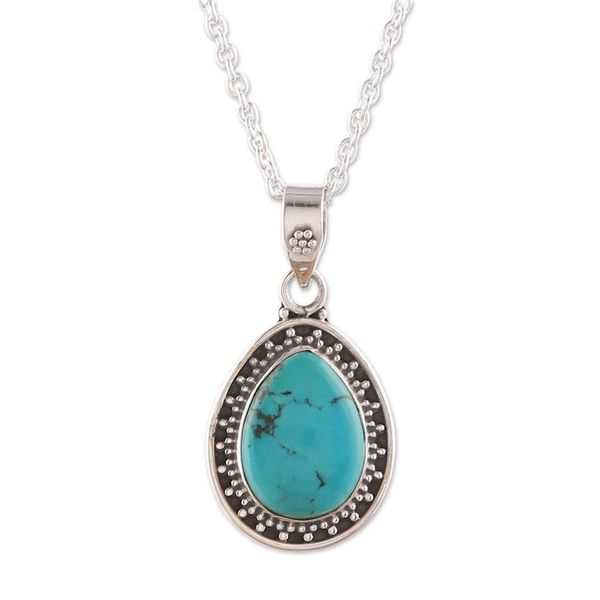Alternate image for Silver Pendant Necklace with Drop Reconstituted Turquoise Azure Drop