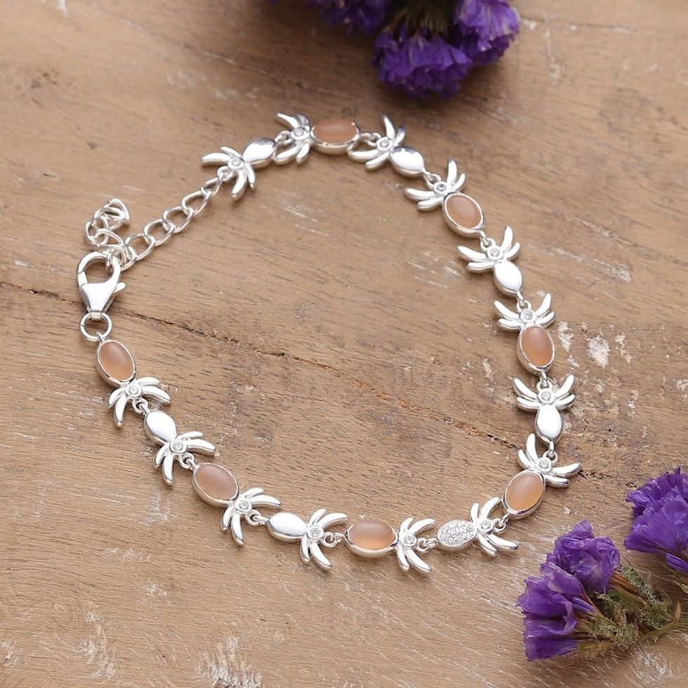 Polished Sterling Silver Leafy Moonstone Link Bracelet 'Tender Olympus'