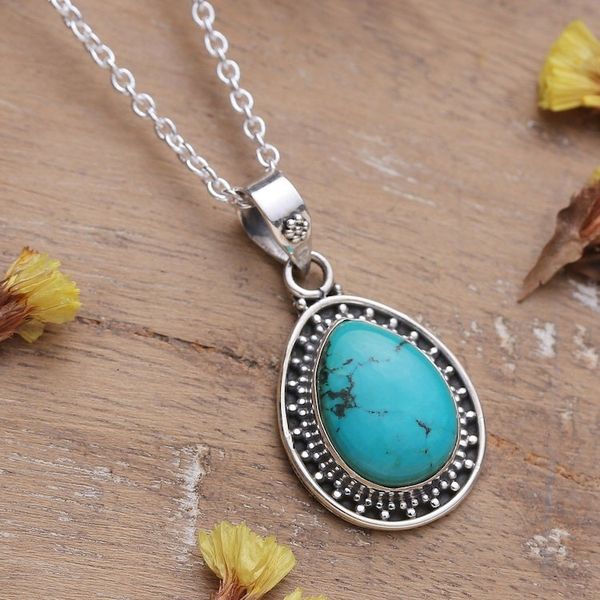 Alternate image for Silver Pendant Necklace with Drop Reconstituted Turquoise Azure Drop