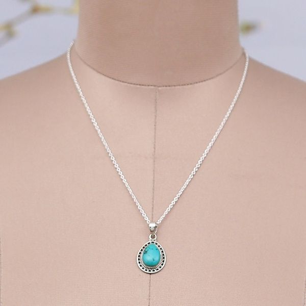 Alternate image for Silver Pendant Necklace with Drop Reconstituted Turquoise Azure Drop