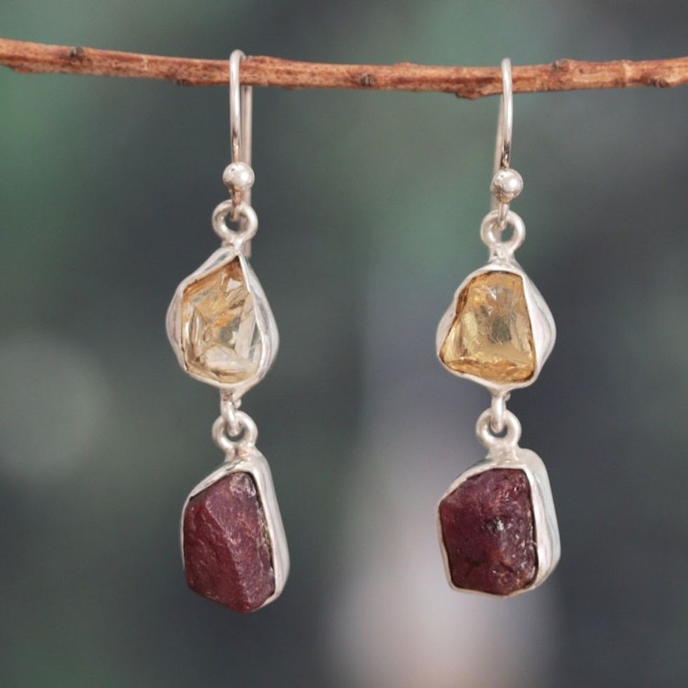 Polished Freeform Citrine and Garnet Dangle Earrings 'Joy of the Passionate'