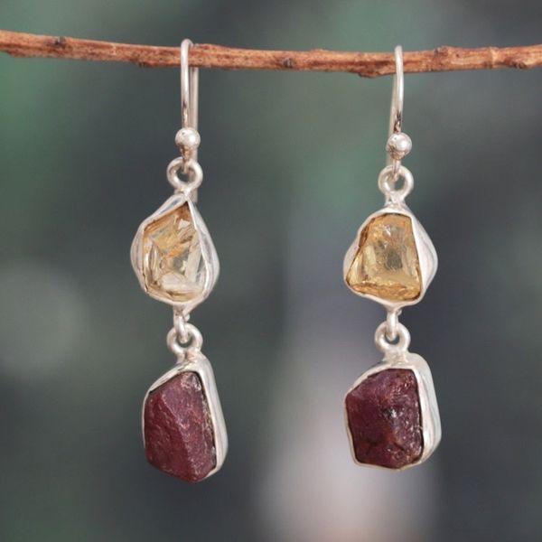 Alternate image for Polished Freeform Citrine and Garnet Dangle Earrings Joy of the Passionate