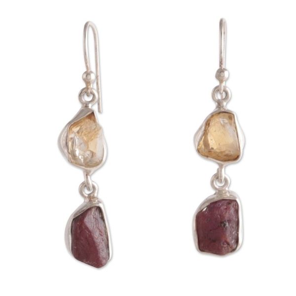 Alternate image for Polished Freeform Citrine and Garnet Dangle Earrings Joy of the Passionate
