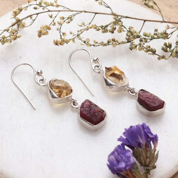 Alternate image for Polished Freeform Citrine and Garnet Dangle Earrings Joy of the Passionate