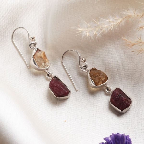 Alternate image for Polished Freeform Citrine and Garnet Dangle Earrings Joy of the Passionate