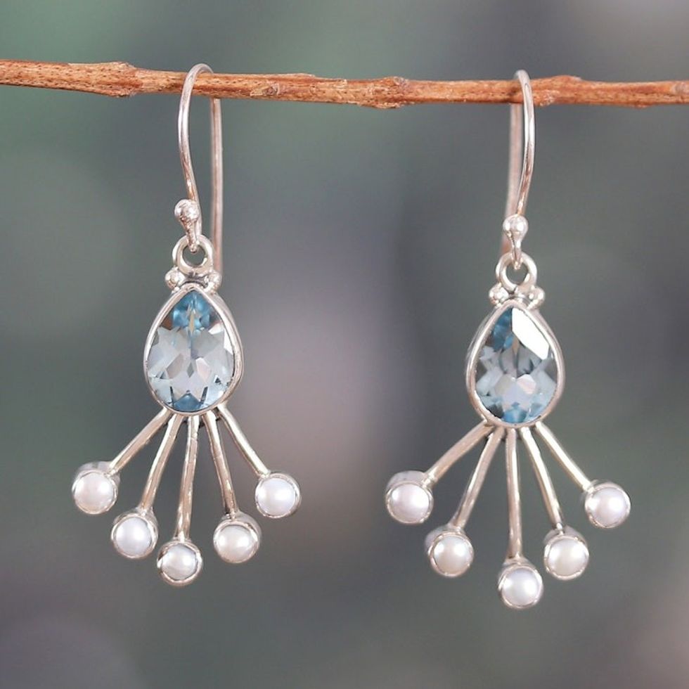 Dangle Earrings with Faceted Blue Topaz and Cream Pearls 'Crown of Loyalty'