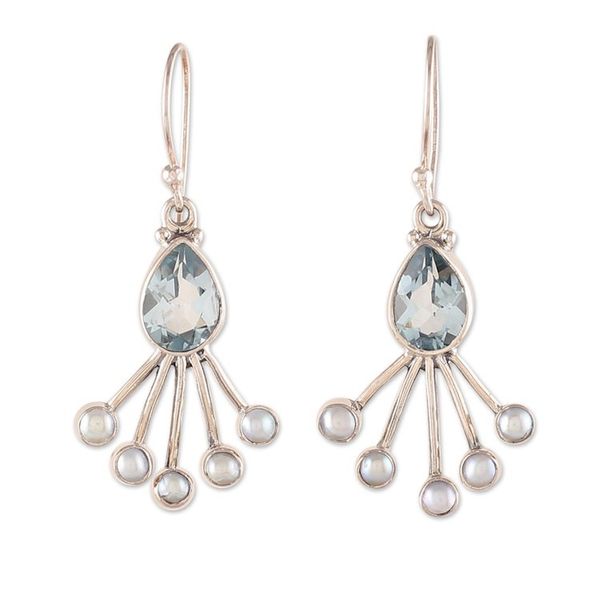 Alternate image for Dangle Earrings with Faceted Blue Topaz and Cream Pearls Crown of Loyalty