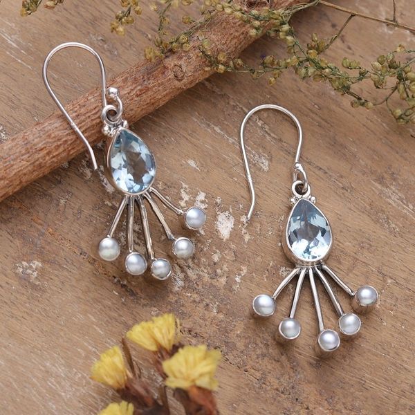 Alternate image for Dangle Earrings with Faceted Blue Topaz and Cream Pearls Crown of Loyalty