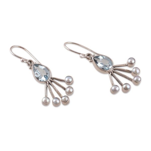 Alternate image for Dangle Earrings with Faceted Blue Topaz and Cream Pearls Crown of Loyalty