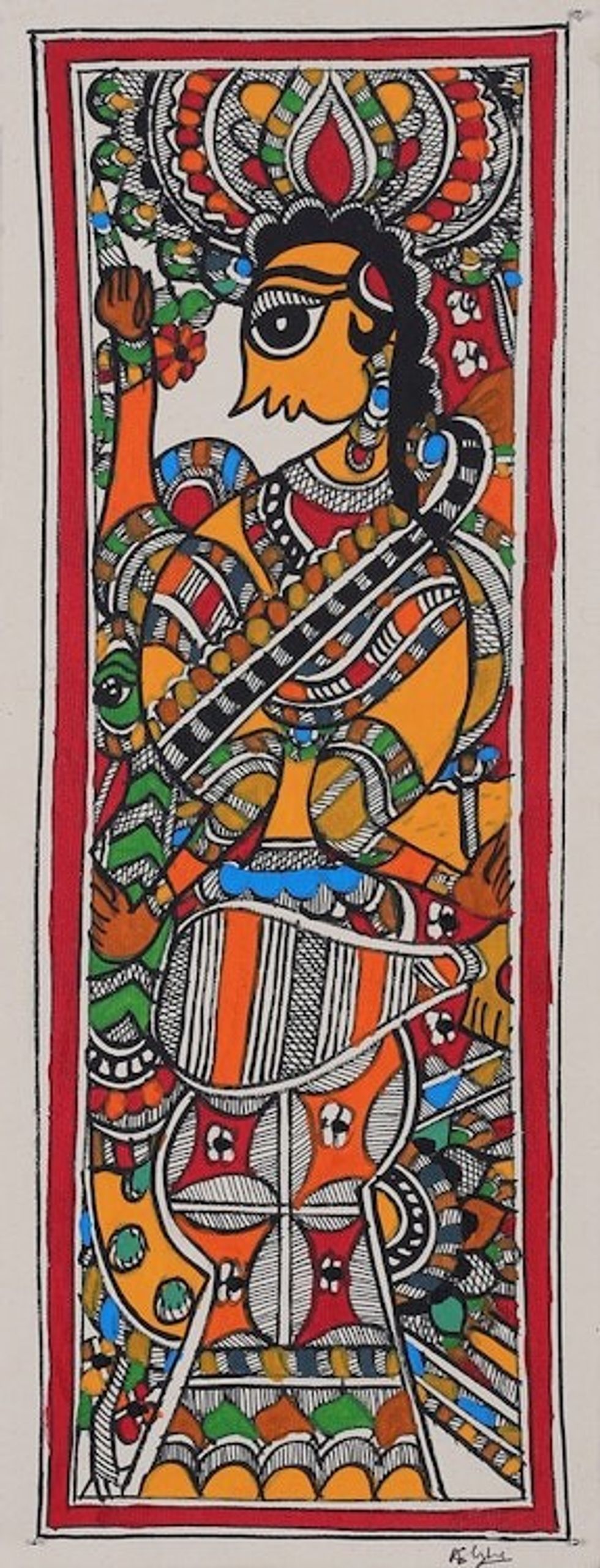 Hindu Goddess Saraswati Madhubani Painting on Handmade Paper 'Goddess Saraswati II'