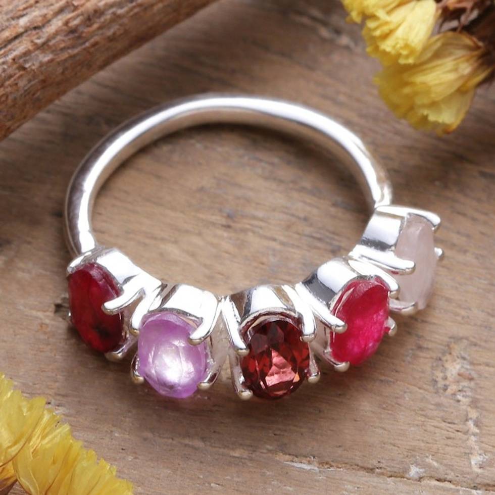 Polished One-Carat Faceted Multi-Gemstone Cocktail Ring 'Pink Lovers'