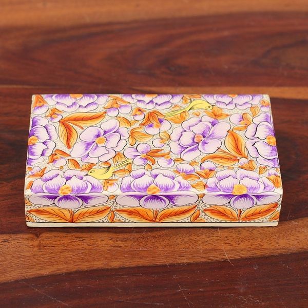 Alternate image for Purple Papier Mache on Wood Floral Leaf Bird Decorative Box Blooming Kashmir in Purple