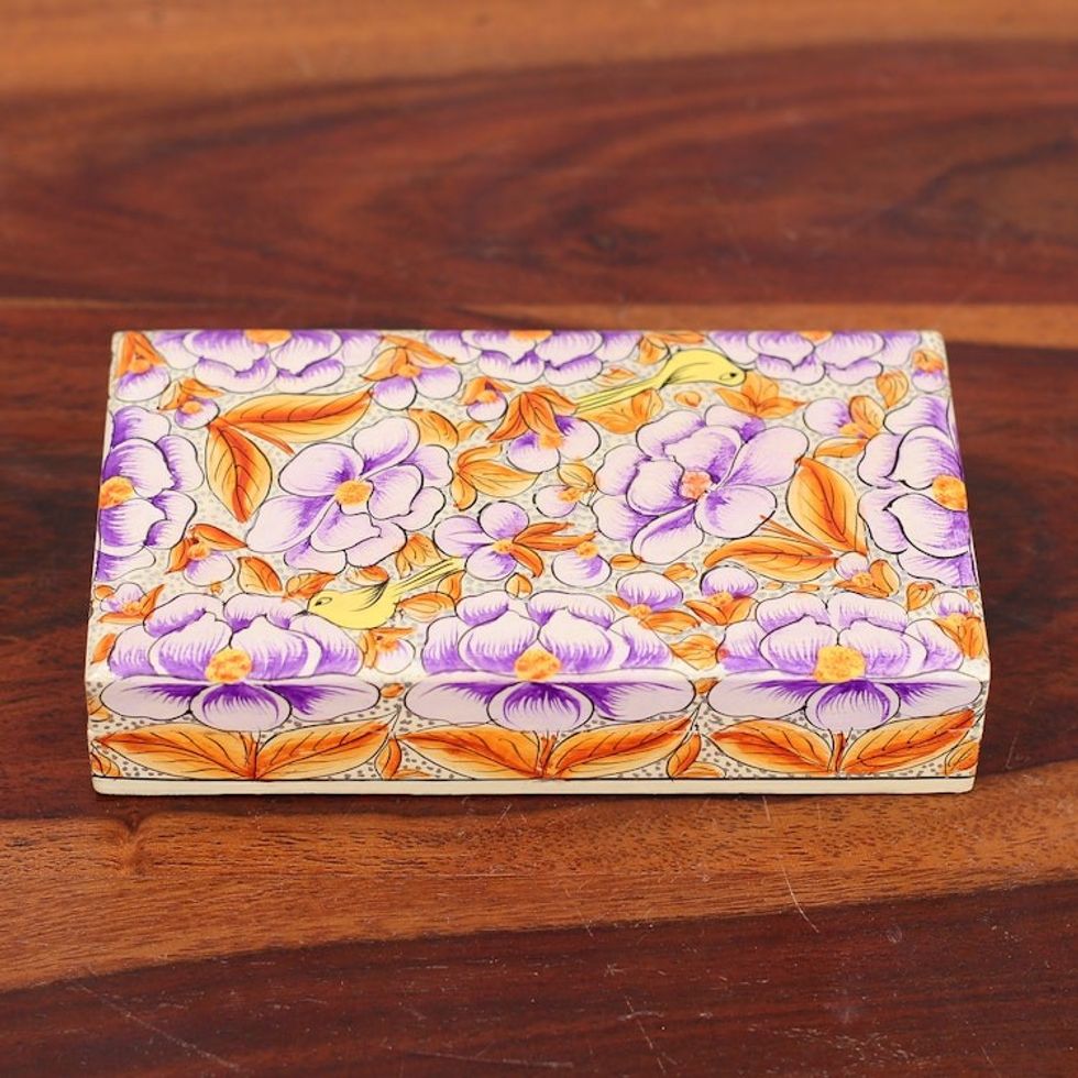 Purple Papier Mache on Wood Floral Leaf Bird Decorative Box 'Blooming Kashmir in Purple'