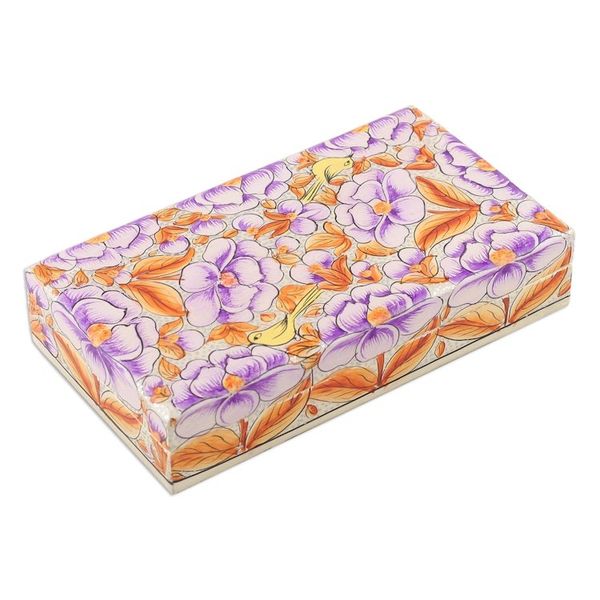 Alternate image for Purple Papier Mache on Wood Floral Leaf Bird Decorative Box Blooming Kashmir in Purple