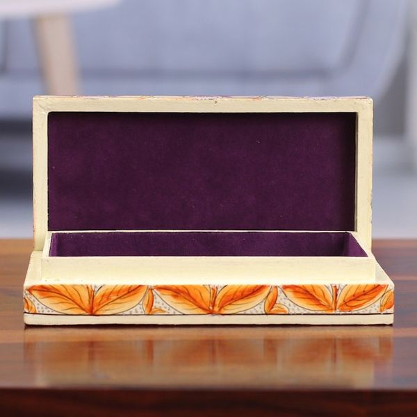 Alternate image for Purple Papier Mache on Wood Floral Leaf Bird Decorative Box Blooming Kashmir in Purple