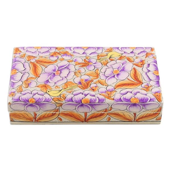 Alternate image for Purple Papier Mache on Wood Floral Leaf Bird Decorative Box Blooming Kashmir in Purple