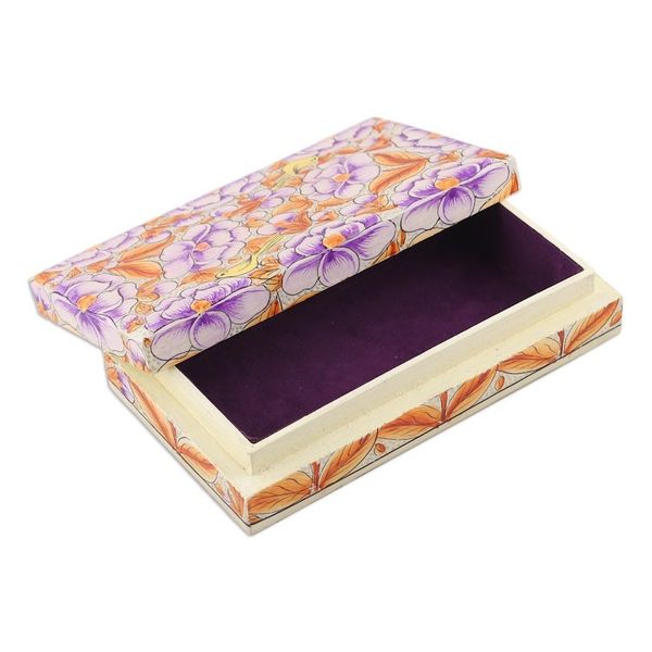 Alternate image for Purple Papier Mache on Wood Floral Leaf Bird Decorative Box Blooming Kashmir in Purple