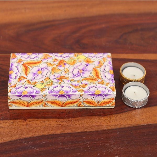 Alternate image for Purple Papier Mache on Wood Floral Leaf Bird Decorative Box Blooming Kashmir in Purple