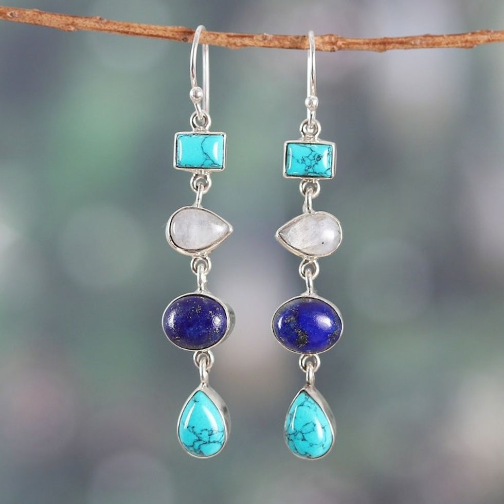 Polished Blue Multi-Gemstone Dangle Earrings from India 'Harmonious Quartet'