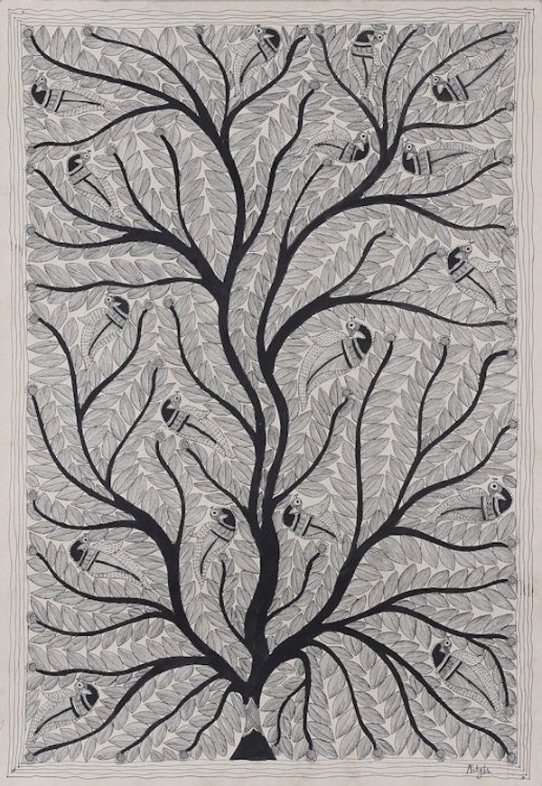 Alternate image for Black White Madhubani Painting of Tree with Exotic Birds Black White Tree...