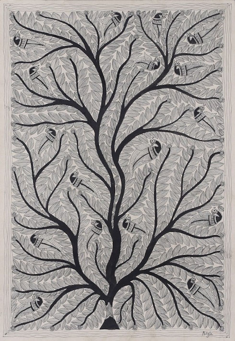 Black White Madhubani Painting of Tree with Exotic Birds 'Black White Tree...'
