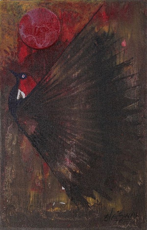 Alternate image for Signed Expressionist Brown and Red Acrylic Bird Painting Sky High