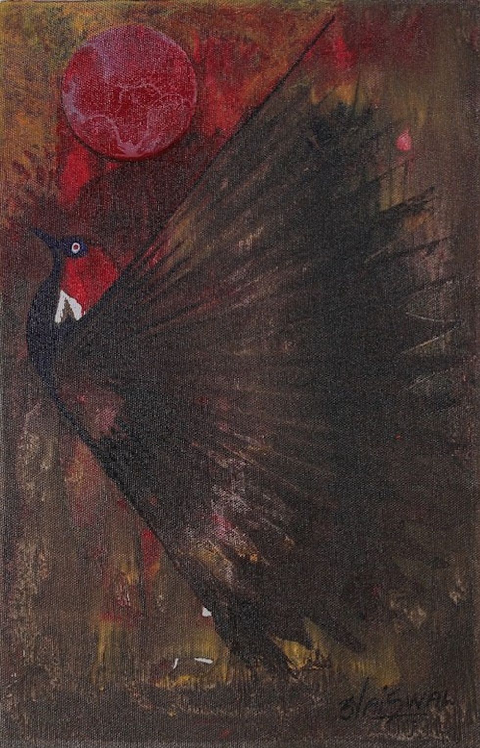 Signed Expressionist Brown and Red Acrylic Bird Painting 'Sky High'