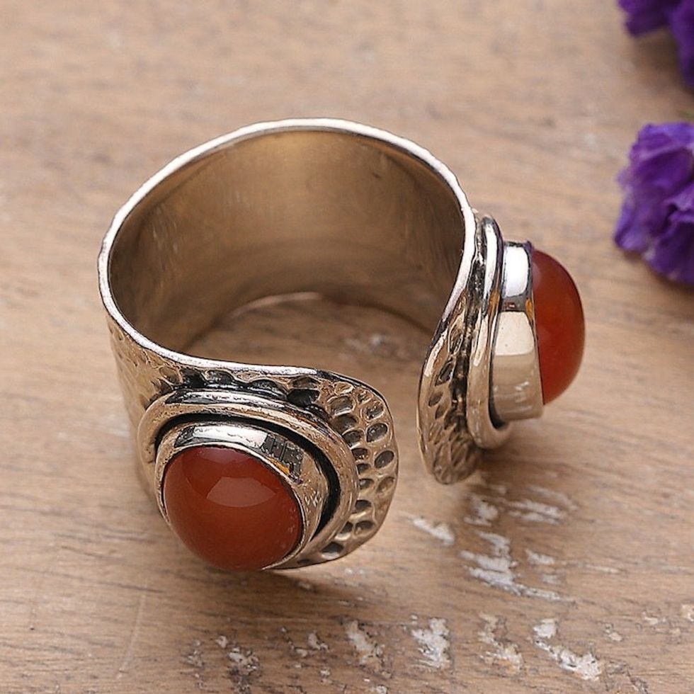Hammered Sterling Silver and Carnelian Wrap Ring 'Fiery Alliance'