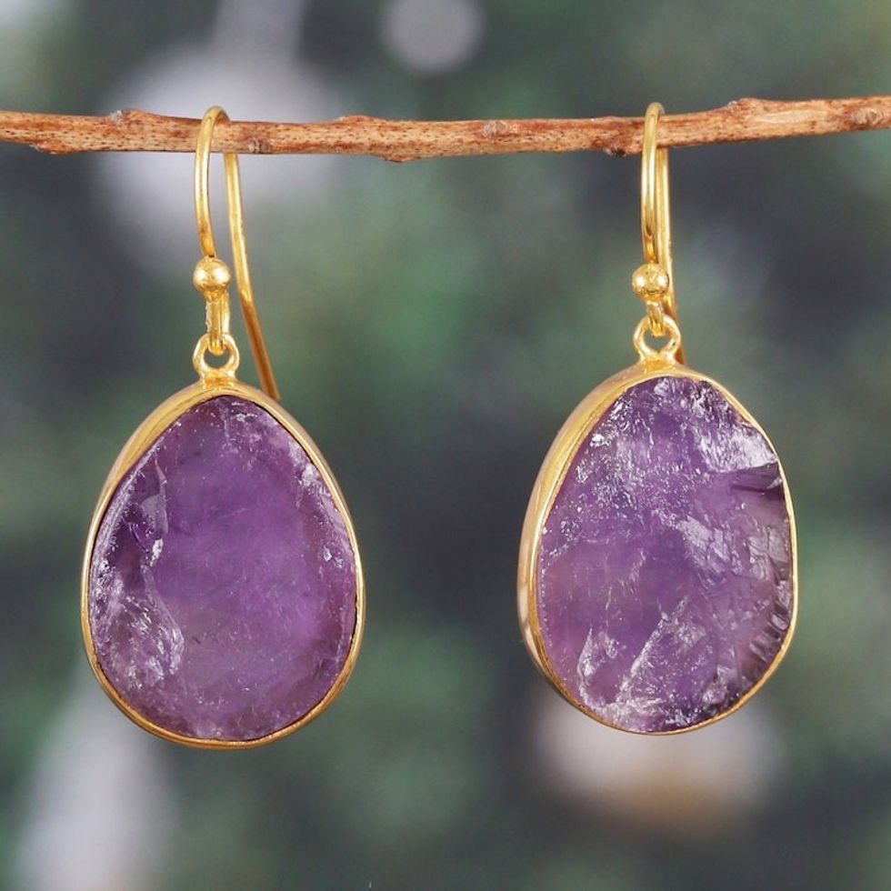 18k Gold-Plated Freeform Amethyst Dangle Earrings from India 'Twilight Rainfall'