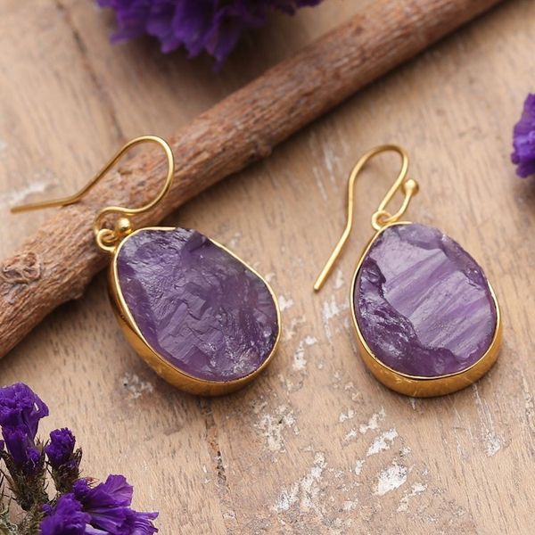 Alternate image for 18k Gold-Plated Freeform Amethyst Dangle Earrings from India Twilight Rainfall