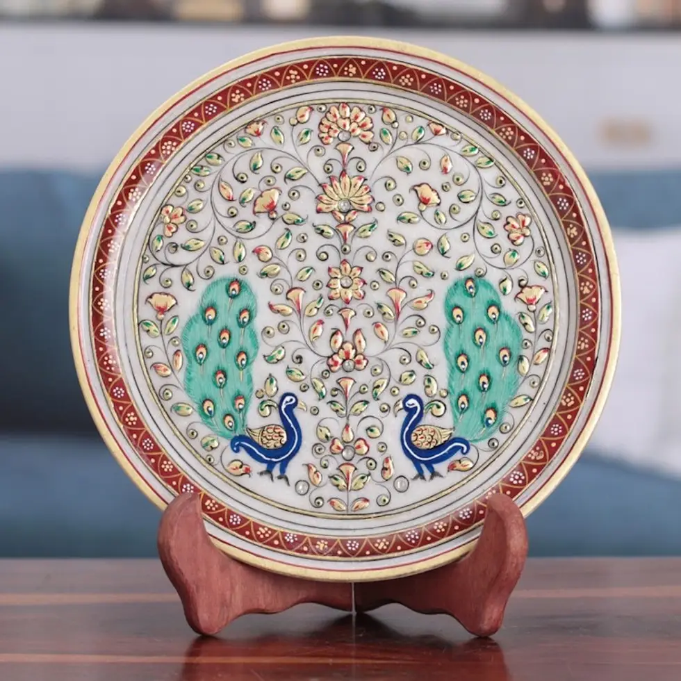 Floral Marble Decorative Plate with Hand-Painted Peacocks 'Peacock Creation'