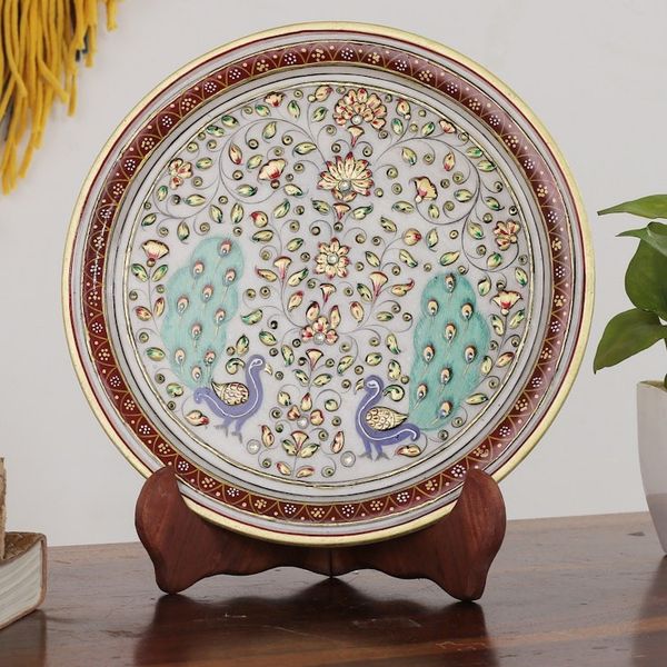Alternate image for Floral Marble Decorative Plate with Hand-Painted Peacocks Peacock Creation