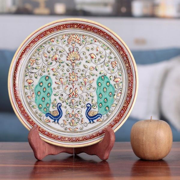 Alternate image for Floral Marble Decorative Plate with Hand-Painted Peacocks Peacock Creation