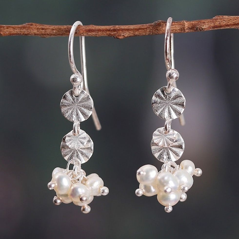 Natural Cream Cultured Pearl Cluster Dangle Earrings 'Innocent Berries'