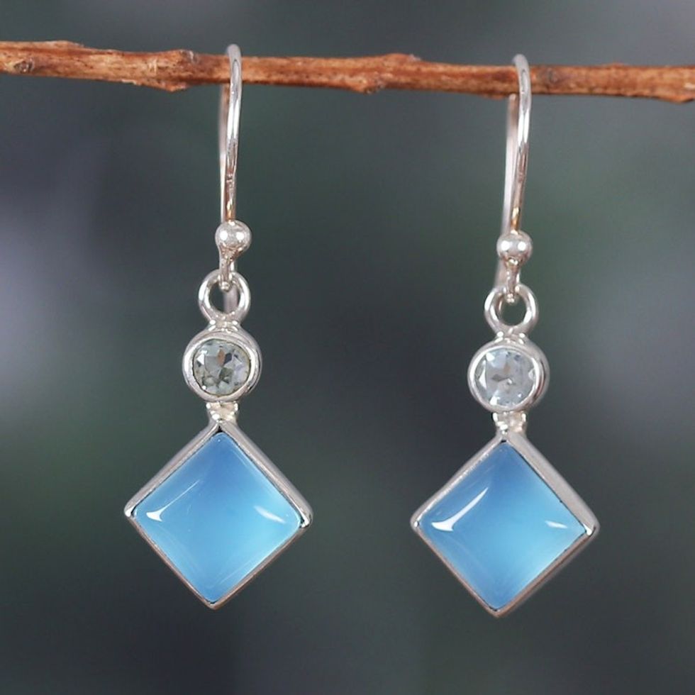 Blue-Toned Chalcedony and Blue Topaz Dangle Earrings 'Diamond Portal'
