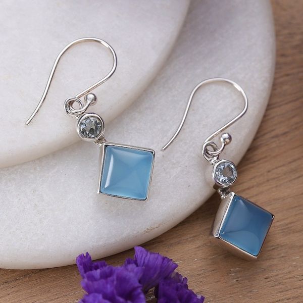 Alternate image for Blue-Toned Chalcedony and Blue Topaz Dangle Earrings Diamond Portal