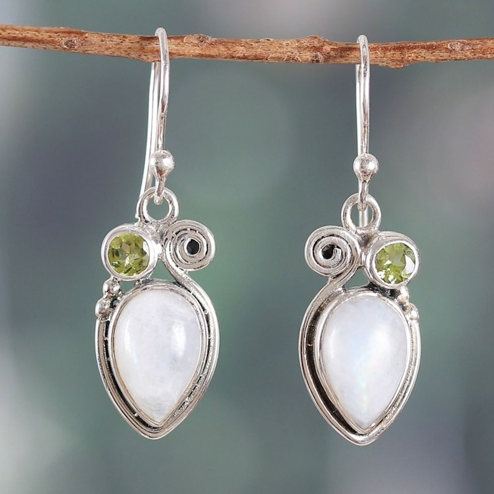 Rainbow Moonstone and Peridot Dangle Earrings from India 'Springtime Harmony'