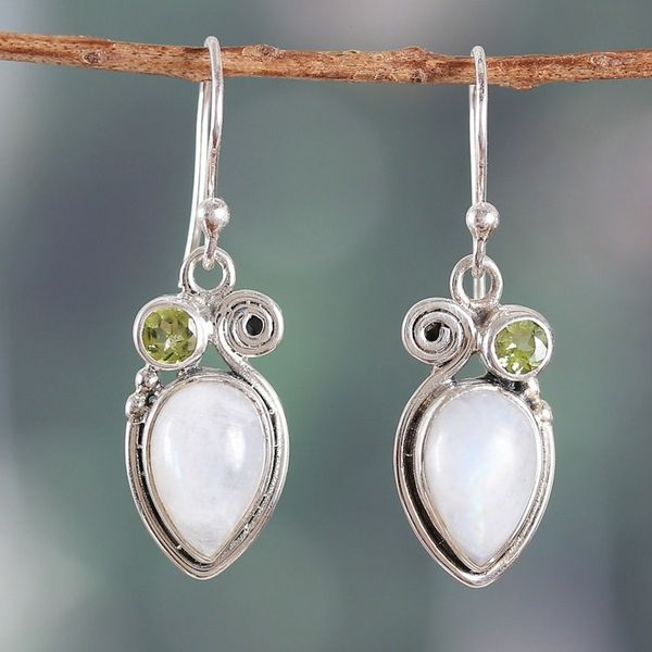 Alternate image for Rainbow Moonstone and Peridot Dangle Earrings from India Springtime Harmony