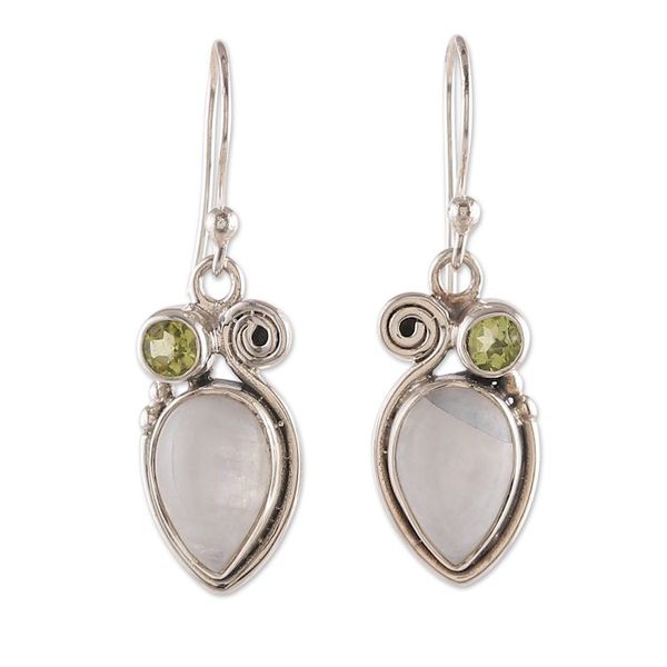 Alternate image for Rainbow Moonstone and Peridot Dangle Earrings from India Springtime Harmony